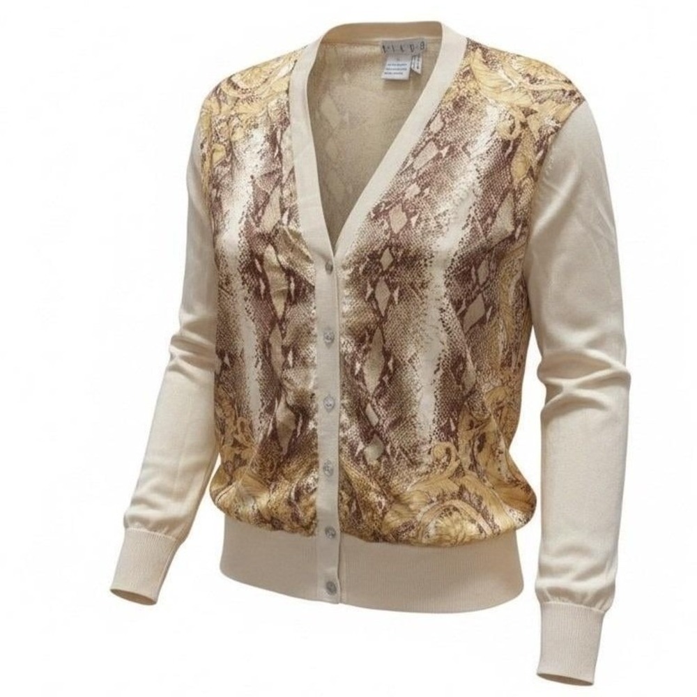 PIANO Silk Cardigan Vintage Women Large Cream Snakeskin Old Money Mob Wife Layer